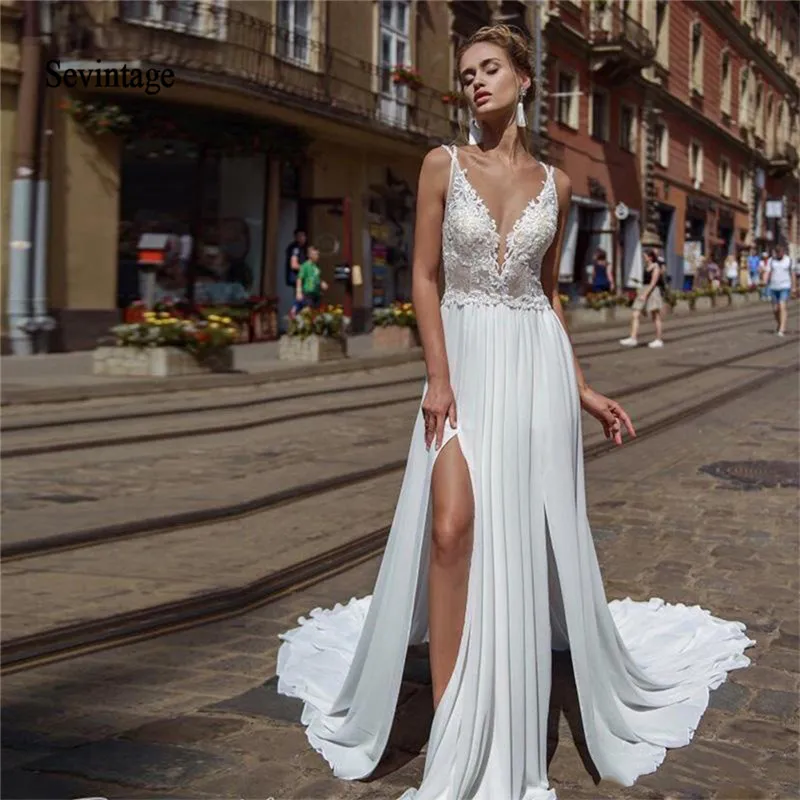 

Sevintage Side Split Chiffon Boho Wedding Dresses Spaghetti Straps Lace Appliques Bridal Gown Beaded Backless Formal Woman Dress