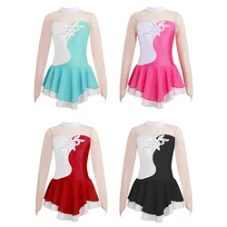 #6-16  Kids Girls Long Sleeves Mesh Patchwork Hollow Out Ballet Dance Dress Diamonds Decor Leotard Bodysuit Skating Dancewear