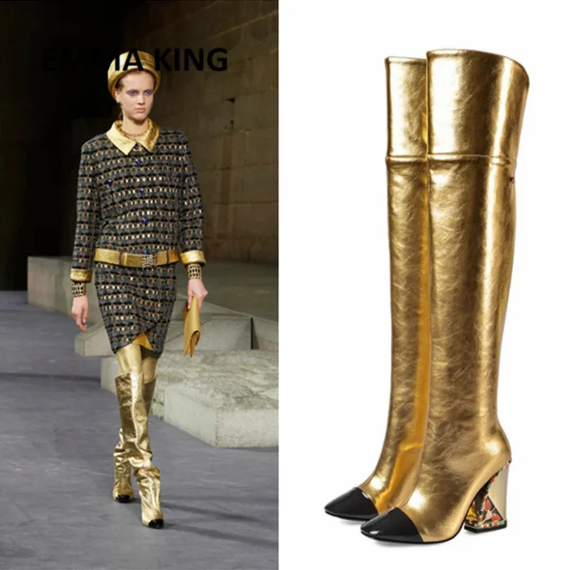 

2019 Spring Autumn New Brand Over the Knee Boots Thick High Heels Ladies Gold Black Fashion Runway Shoes Women Dress Boots