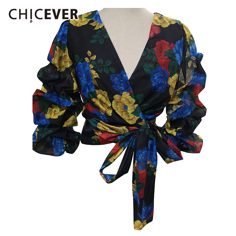 

CHICEVER Asymmetrical Bowknot Print Women's Shirts V Neck Puff Sleeve Vintage Casual Blouse Female Autumn Fashion New 2019
