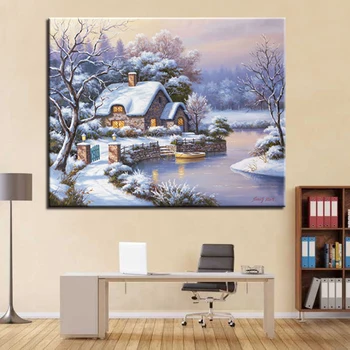 

DIY Oil Painting By Numbers Kits Coloring Handpainted Winter Night Small House Lakes Canvas Pictures Home Decor Wall Art Framed