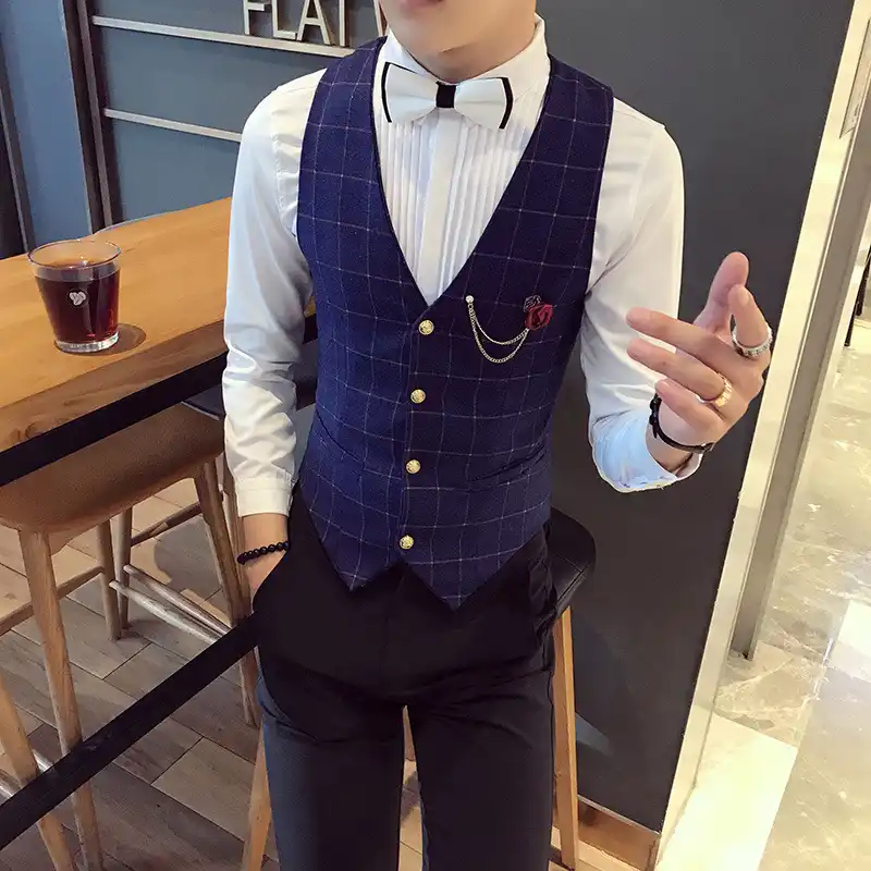 Karierten Anzug Weste Mens Casual Formal Kleid Business Hochzeit Party Arbeit Westen Manner Koreanischen Stil Schlanke Mannliche Weste Gilet Homme Vests Aliexpress