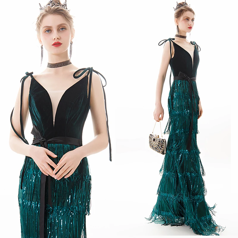 wei yin AE0380 Long Evening Dress Green Sequins Tassel Fashion Spaghetti Strap Party Gowns Formal Zipper Prom Dresses | Свадьбы и