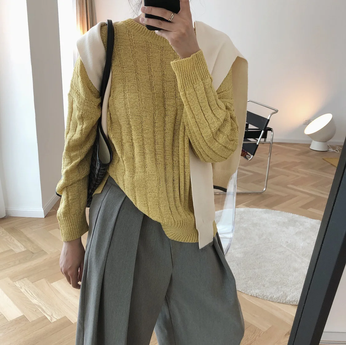 

In The Early Autumn of 2019 The New Simple Solid Color Sweater Loose Slim The Stripe Knit Top Is Pullovers Women Sweaters