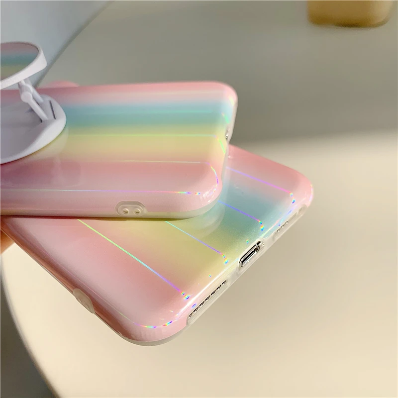 Цветной Гладкий лазерный Радужный чехол для iphone 11 11Pro Max XS Max X XR 6 7 8 Plus чехол для телефона задняя крышка Капа со складным кольцом