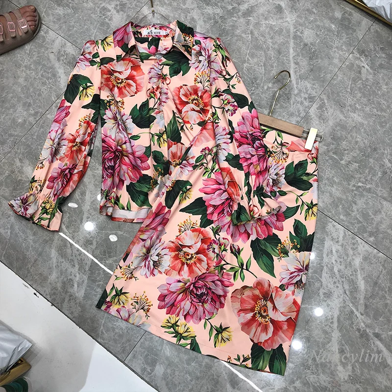 

2020 Early Autumn New National Trends Retro Elegant Lady Two Piece Suit Women's Long-Sleeved Big Flower Print Shirt + Midi Skirt