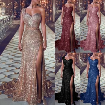 

2020 Hot Sale Rose Gold Glitter One shoulder Plus size Maxi Women Dresses Sleeveless Backless the side slit Sequins Dress