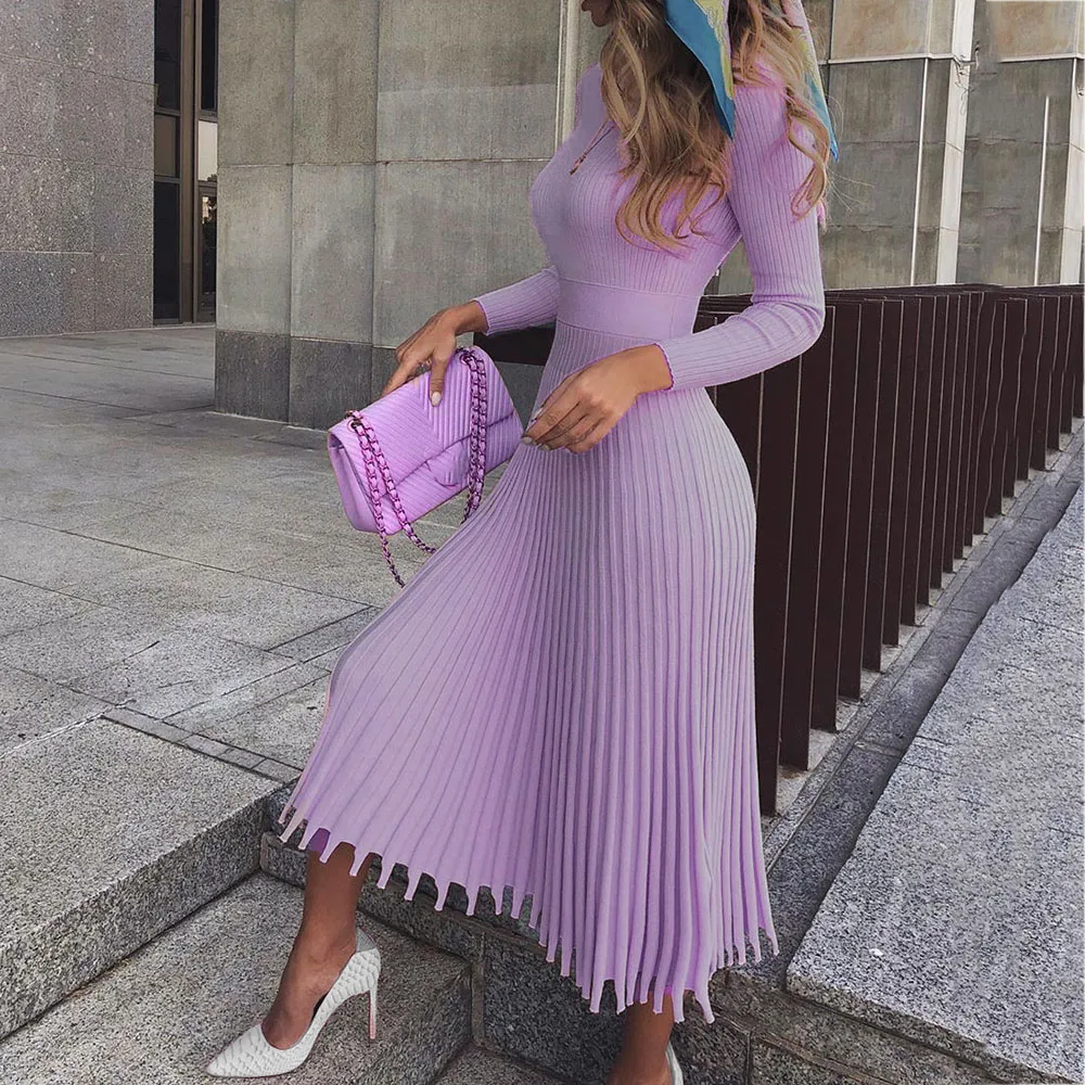 Градиентное плиссированное платье-свитер, женское модное дизайнерское элегантное вязаное платье средней длины, зимние розовые синие вечерние платья трапециевидной формы - Цвет: Лаванда