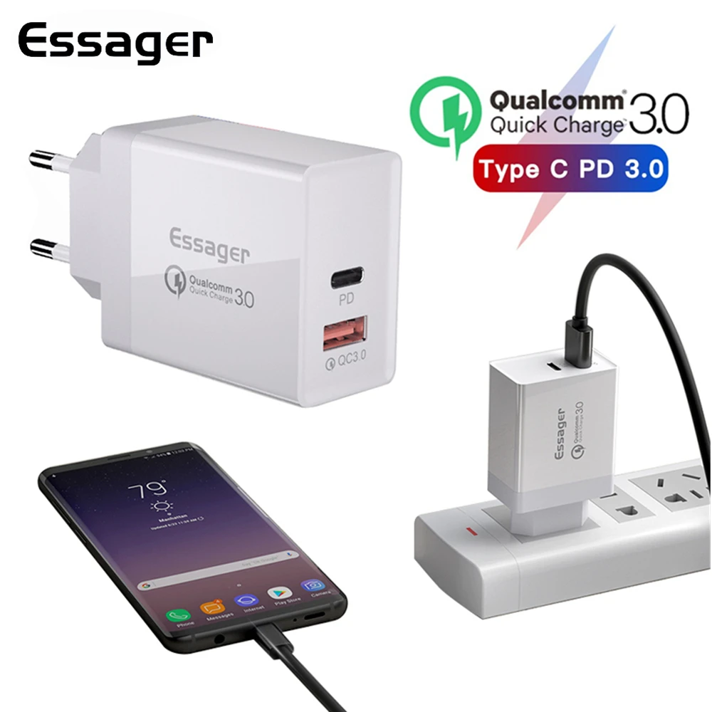 

Essager 36W USB Charger 3.0 Mobile Phone Charge QC3.0 + Type C PD 3.0 Plug Fast Charging Wall Charger For iPhone 11 XI Xiaomi