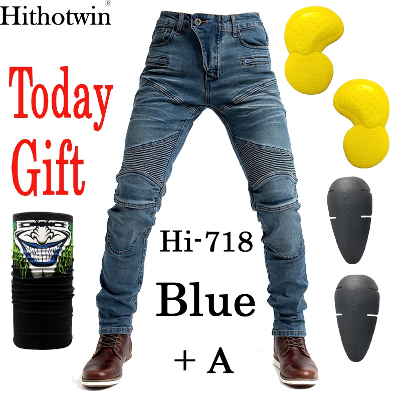 Hi-718 Blue AH Мотоциклетные джинсы, Pantalones Motocicleta Hombre, джинсы с перьями, стандартная версия, брюки для езды на автомобиле, мужские мотоциклетные штаны - Цвет: Hi-718 Blue AH