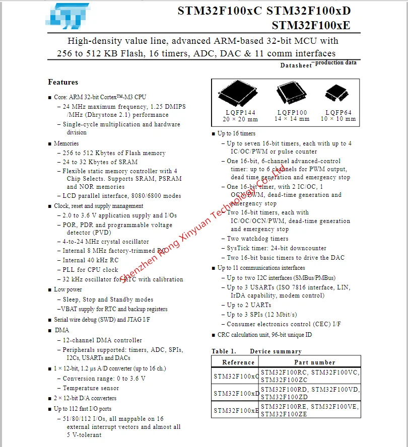 STM32F100RCT6B 32F100RCT6B Расширенный ARM-based 32-бит микроконтроллеры с 256 до 512 Кб Flash, ADC, DAC и 11 comm интерфейсов