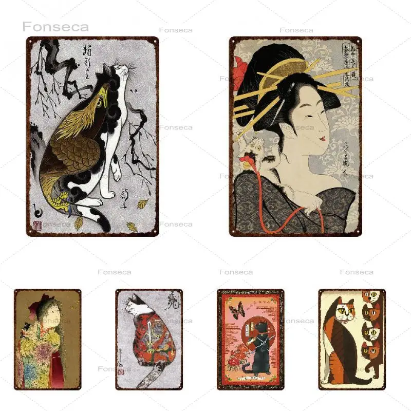 Винтажный жестяной знак для домашних животных животные японский самурая кошка