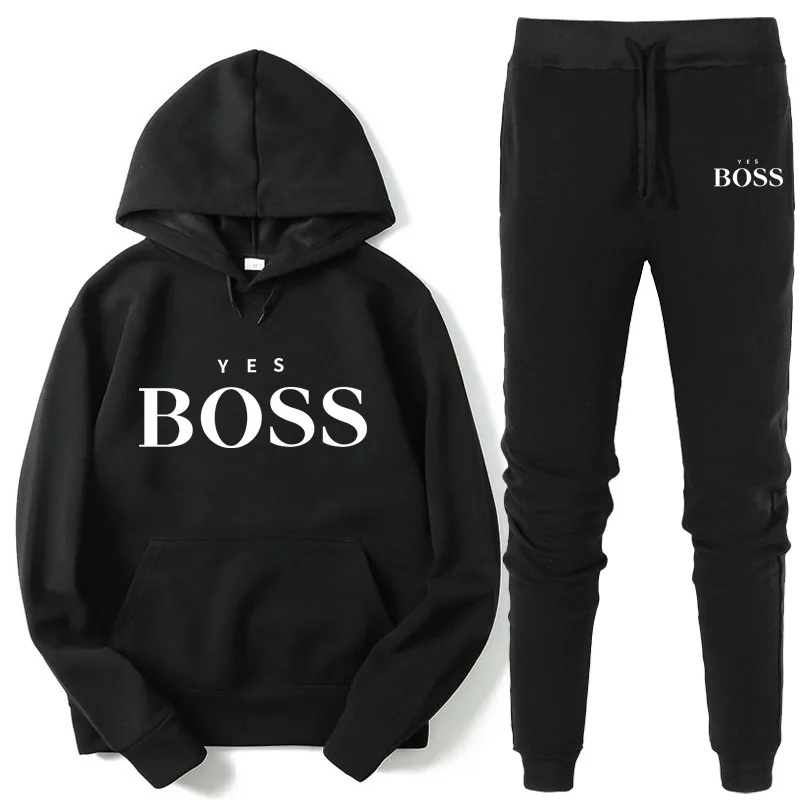 

Autumn Winter 2 Piece Set Women Hoodie Pants Yes Boss Printed Tracksuit Pullover Sweatshirt Trousers With Pockets Tracksuit Suit
