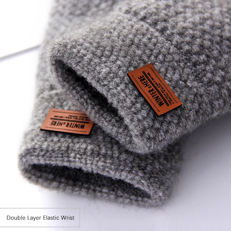 Winter Fingerless Gloves For Men Half Finger Writting Office Knitted Alpaca Wool Warm Leather Label Thick Elastic Driving Gloves