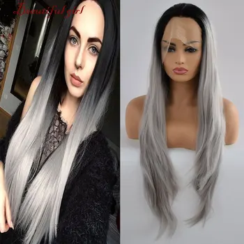 

Black Roots Ombre Siver Grey Straight Synthetic Lace Front Wig Heat Resistant Fiber Hair Middle Fart For Fashion Women Daily Wig