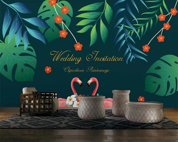 

beibehang wallpaper for bedroom wall Nordic minimalist hand drawn tropical rain forest flamingo decoration painting wallpaper