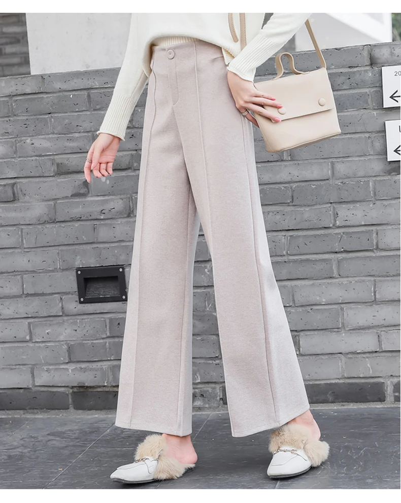Ankle-Length Women Woolen Pants Wide Leg Pant 2019 New Fashion Autumn Winter Wear High Waist Loose Female Black Beige Trousers (13)