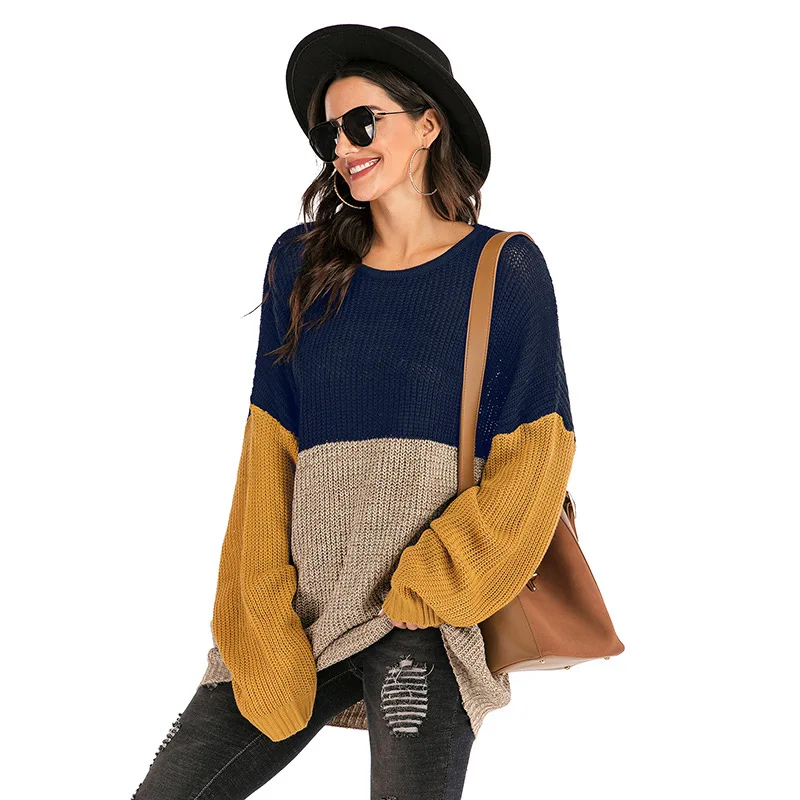 2020 Spring Europe and the United States new knitted sweater slicing color loose long-sleeved top sweater woman  sueter mujer