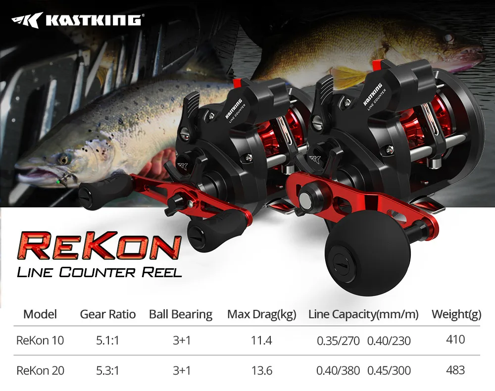 KastKing ReKon 13,6 кг Макс. Тянущаяся леска счетчик троллинг катушка круглая baitcasing катушка 5,3: 1 Передаточное отношение 3+ 1 Шариковые подшипники барабанная катушка