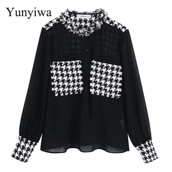 

Women Vintage Tweed Woollen Patchwork Chiffon Casual Smock Blouses Shirts Women Long Sleeve Chic Transparent Blusas Tops