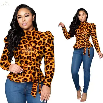 

2020 Fashion Womens Clothing Turtleneck Tees Full Puff Sleeve Camouflage Leopard Print T-shirts Sashes Sexy Night Clubwear Tops