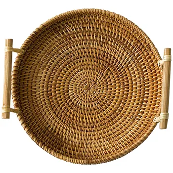

HLZS-Rattan Bread Basket Round Woven Tea Tray With Handles For Serving Dinner Parties Coffee Breakfast (8.7 Inches)