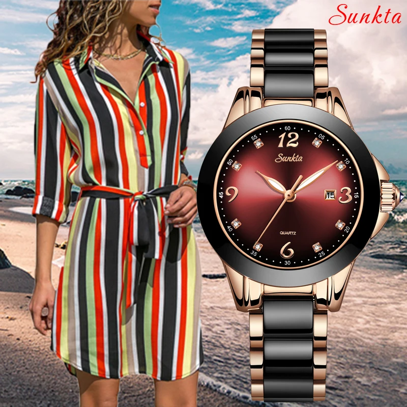 

2019 SUNKTA Brand Fashion Watch Women Luxury Ceramic And Alloy Bracelet Analog Wristwatch Relogio Feminino Montre Relogio Clock
