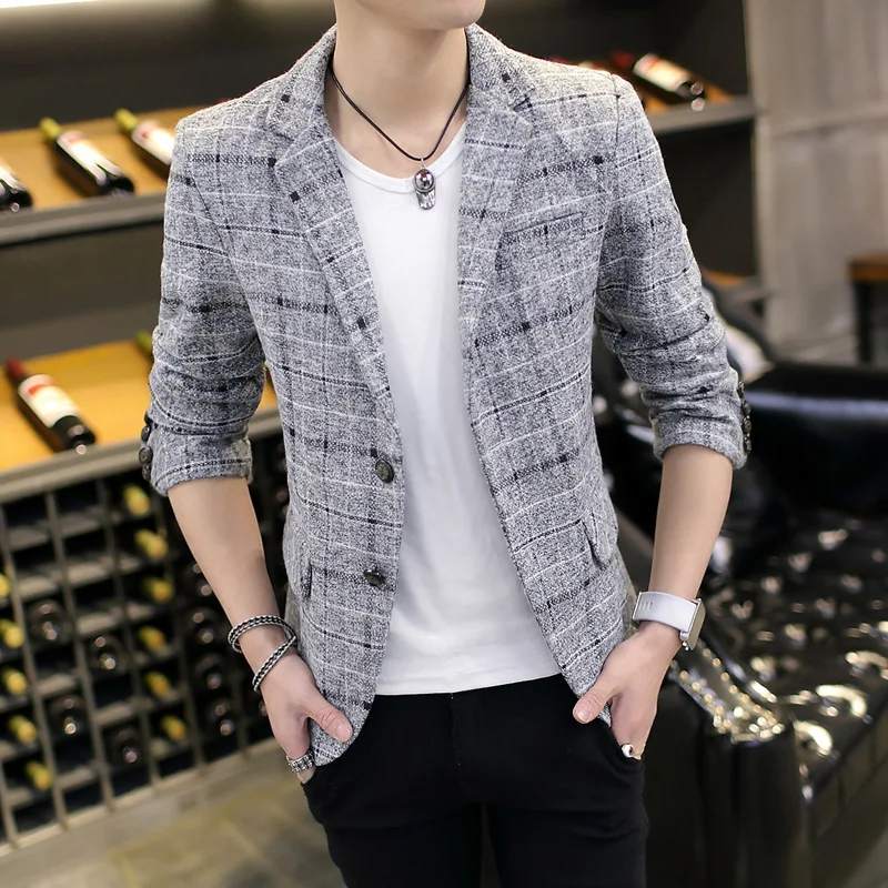 

2019 Spring And Autumn New Style Fashion Man Suit Korean-style Slim Fit mao ni liao Plaid MEN'S Business Suit Casual Coat