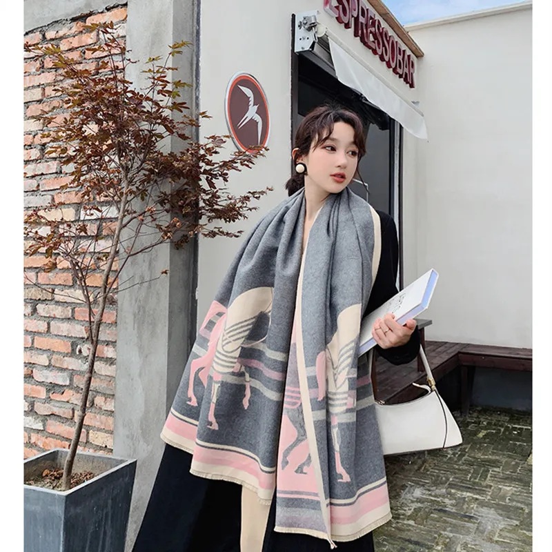 KOI LEAPING ladies fashion Warm and comfortable softpopular horse pattern printing cashmere shawl warm scarf best gift