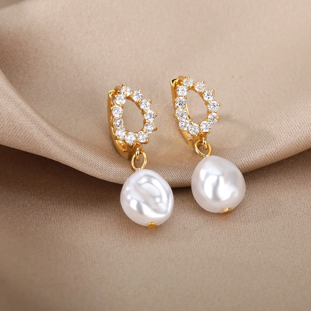 Women Pearl Drop Earrings Stainless Steel Zircon Water Droplet Wedding Party