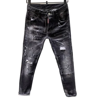 

dsq four season Starbsgs jeans men's letter leather hole paint dot hip hop slim black Elastic Italian pop brand D2d2 NEW