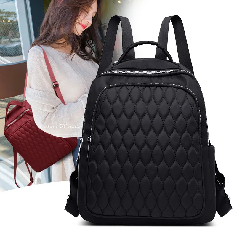 Sewing Thread Women Backpack Diamond Lattice Oxford School Book Bag for Teenage Girl Casual Female Backbag Black Lady Traval Bag