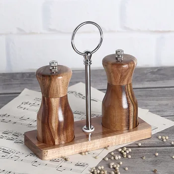 

2Pcs/Set Solid Wood Salt Pepper Grinder with Tray, Manual Ceramic Core Pepper Spice Mill Shaker , Kitchen Tools