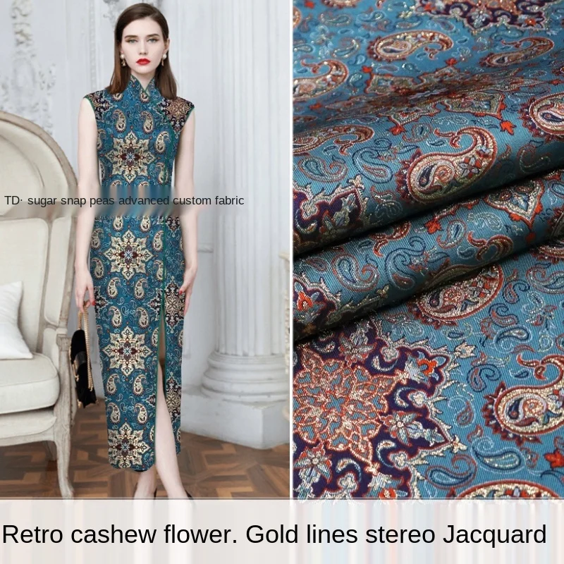 Vintage cashew flower three-dimensional gold embossed yarn-dyed jacquard fabric, sewing fabric factory shop is not out of stock