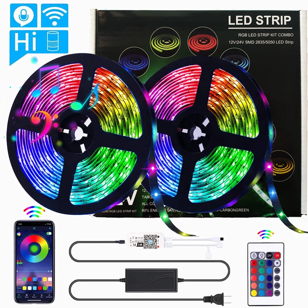 

Smart WIFI LED Strip Lights RGB Strips 32.8ft Tape Light SMD5050 Music Sync WIFI Controller IR Remote Decoration for Home Party