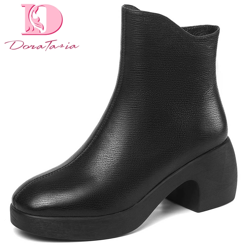 

Doratasia Fashion New Chunky Heels Ankle Boots Woman Shoes Genuine Cow Leather Zip Up Platform Shoes Women Boots Female