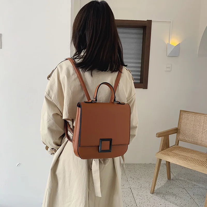 Women's PU Leather Backpack Door Lock Bag Casual Simple Double Shoulder Student Backpack Fashionable Large Capacity Travel Bag