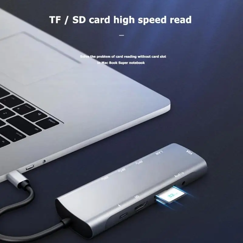 10 в 1 type-C концентратор адаптер USB-C к HDMI VGA USB3.0 TF RJ45 AUX PD конвертер удлинитель адаптер док-станции для ПК ноутбук