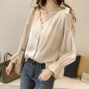 

Women V Neck Long Sleeve Blouse Off Shoulder Tops Women Autumn Elegant Workwear Shirt 1
