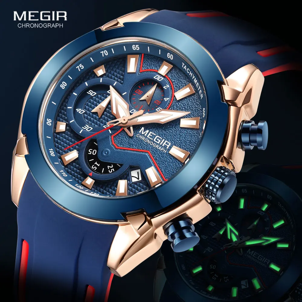 

MEGIR Sport Quartz Watches for Men Silicone Strap Chronograph Watch Man Blue Waterproof Wristwatch relogio часы montre reloj