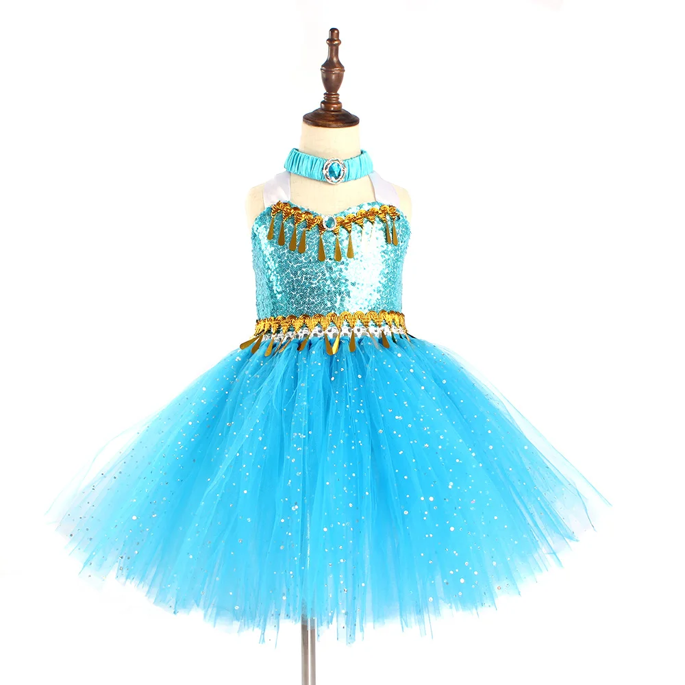 Aladdin Jasmine Girls Tutu Dress Headband Outfit Kids Birthday Party Pageant Sparkly Tulle Fancy Dress Sequins Children Clothes