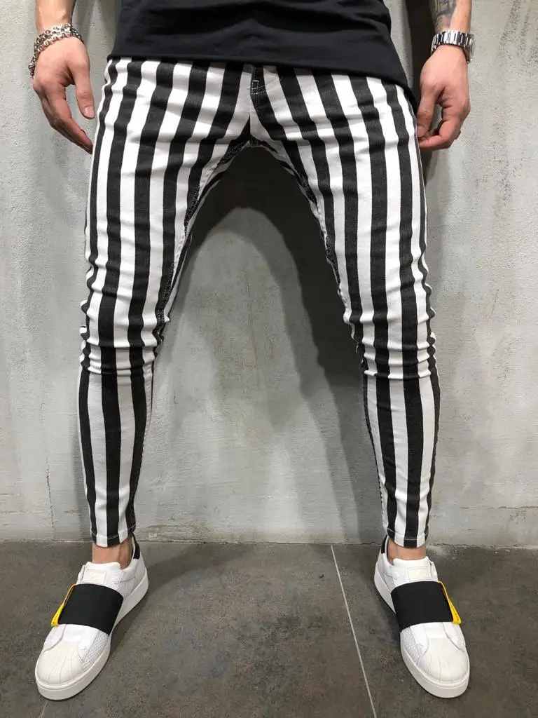Striped Новая мода, мужские облегающие брюки, обтягивающие, черные, белые, в полоску, клетчатые, повседневные, тянущиеся, узкие брюки - Цвет: Striped