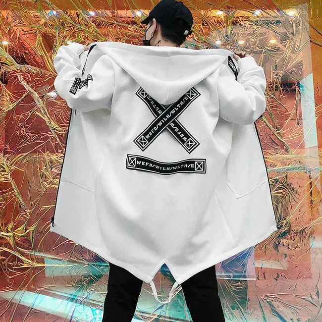 Осенняя мужская куртка с капюшоном принт Harajuku ветровка лента пальто Мужская Повседневная Верхняя одежда хип-хоп кардиган-пончо LBZ155 - Цвет: White