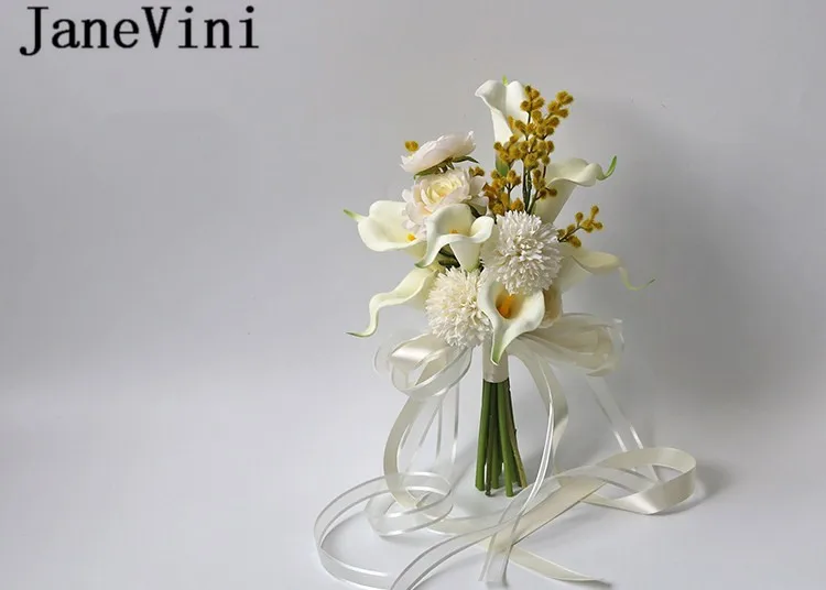 JaneVini цвета слоновой кости белые Искусственные букеты невесты Корея Калла Лилия шелковые цветы свадебные подружки невесты ручной Букет невесты