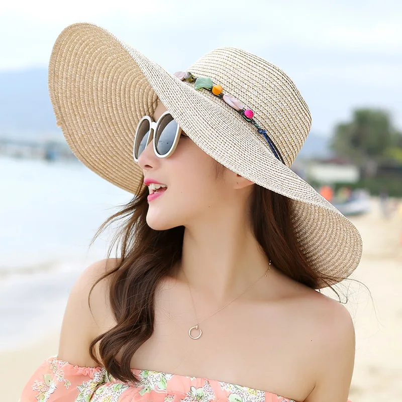 

Hot women big brim sun hats foldable colorful stone hand made straw hat female summer hat casual shade cap beach hat