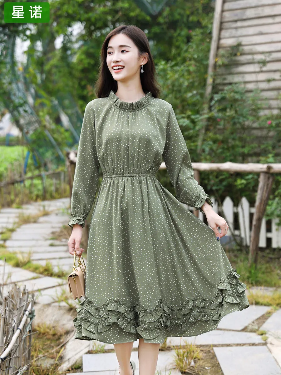 Hipster Groene Jurk Ster 2020 Herfst En Winter Dames Jurk Nieuwe Stijl Lange Mouw Literatuur En Kunst Chiffon Maxi Jurk fairy