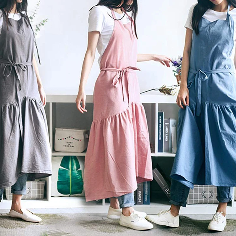 Retro Long Vintage Apron Adjustable Fishtail Style Gardening Work Cotton/Linen Blend Fashion Tie Apron Women'S Dress Girl(Adjus
