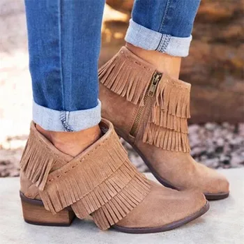 

Autumn Women Shorts Boots Pointed Toe Low Heel Side Zipper Fringe Retro Fashion Tassel Ankle Booties Party Shoes Dress