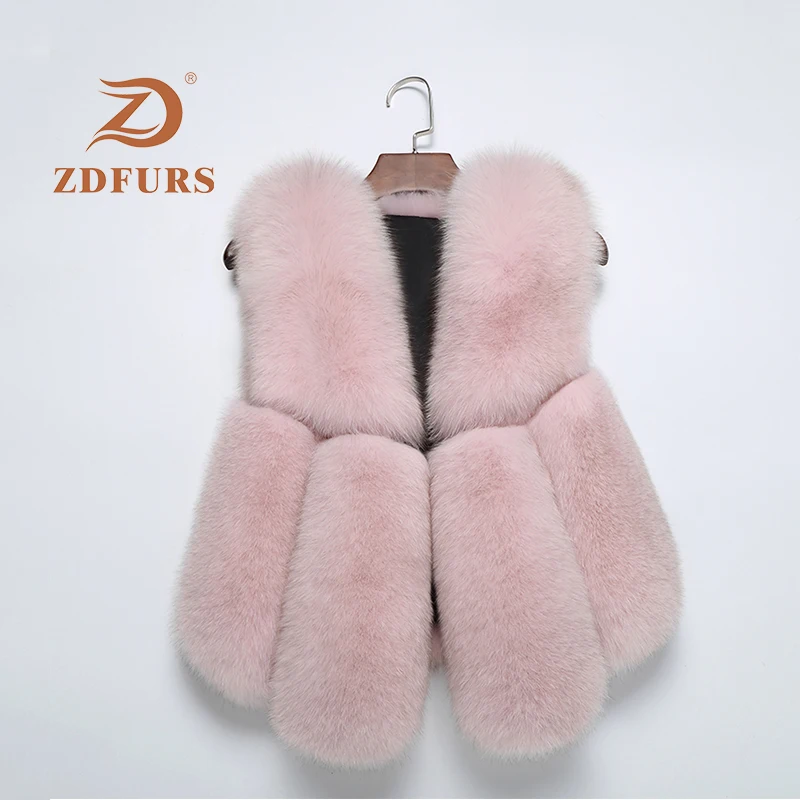 ZDFURS* Natural Real Fox Fur Vest 50 cm Winter Short Thick Women Fur Vest Sleeveles Jacket Pockets Real Fur Vest Coats Slim Park