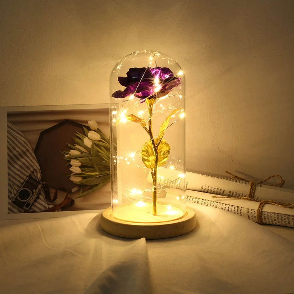Flor de rosa con lámpara Cubierta de cristal adornos Decoración Noche Luz Regalo 